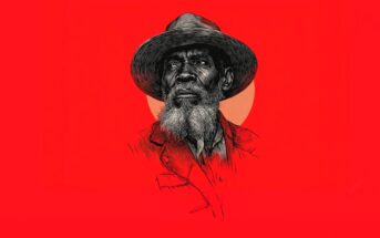 A detailed black-and-white sketch of an older man with a beard wearing a wide-brimmed hat, set against a bright red background with a pale orange circle behind him.