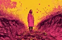 A person in a long coat stands in a dry, leaf-covered trench surrounded by vibrant pink foliage, set against a bright yellow sky filled with butterflies.