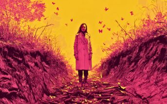 A person in a long coat stands in a dry, leaf-covered trench surrounded by vibrant pink foliage, set against a bright yellow sky filled with butterflies.