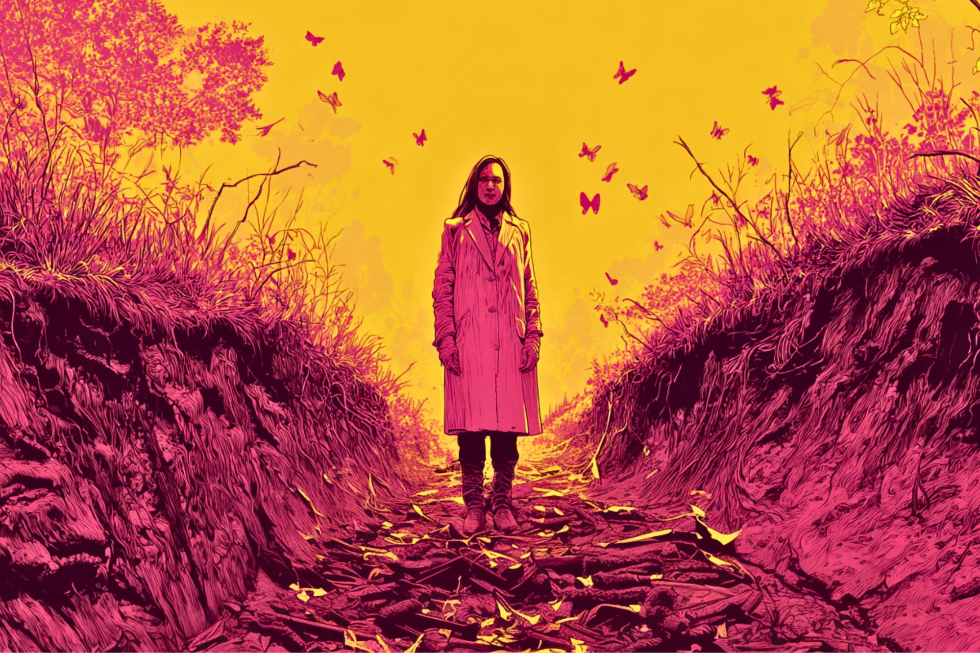 A person in a long coat stands in a dry, leaf-covered trench surrounded by vibrant pink foliage, set against a bright yellow sky filled with butterflies.
