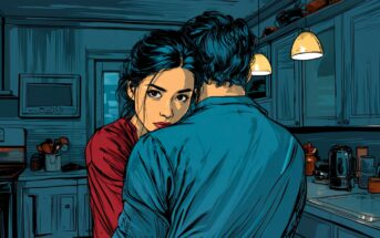 A woman with dark hair in a red top hugs a man in a blue shirt in a kitchen, looking over his shoulder with a serious expression. Warm pendant lights hang above the counter in the background.