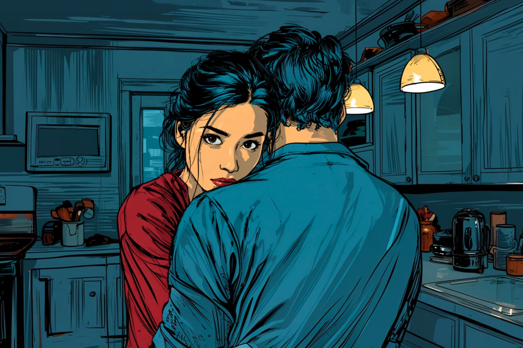 A woman with dark hair in a red top hugs a man in a blue shirt in a kitchen, looking over his shoulder with a serious expression. Warm pendant lights hang above the counter in the background.