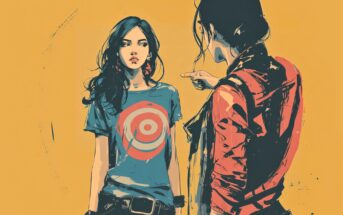 Two women stand facing each other against a yellow background. One wears a blue shirt with a target symbol, looking serious, while the other, in red, points at her in a confrontational manner. The scene is illustrated in a sketchy style.
