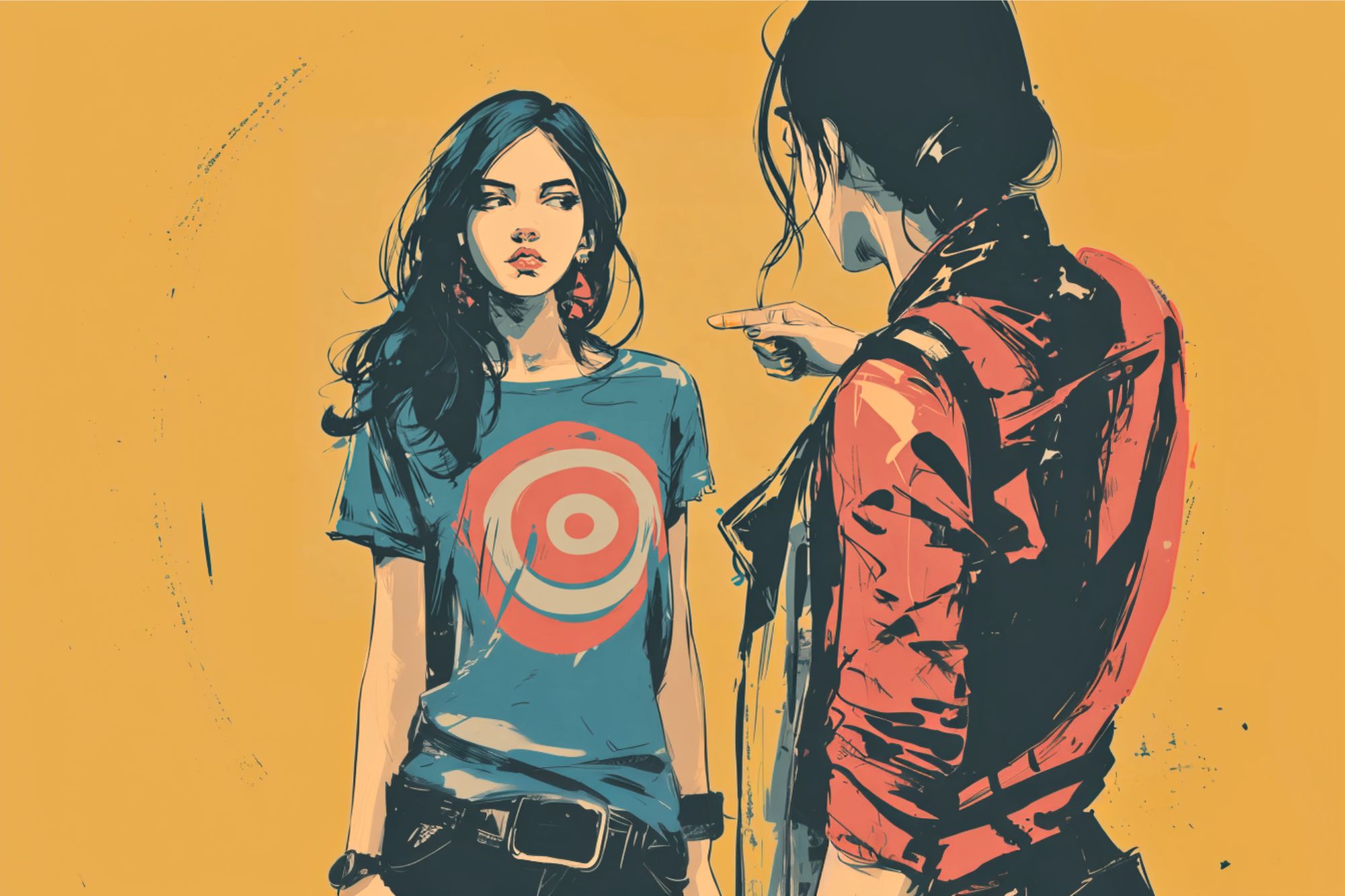 Two women stand facing each other against a yellow background. One wears a blue shirt with a target symbol, looking serious, while the other, in red, points at her in a confrontational manner. The scene is illustrated in a sketchy style.