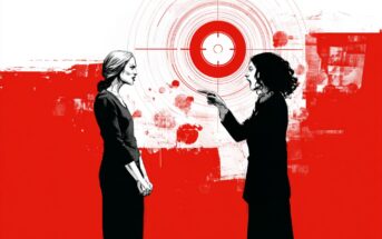 Two women are having an intense conversation in front of a red and white abstract background featuring target-like circles and paint splatters. One woman gestures passionately while the other stands with her hands clasped.