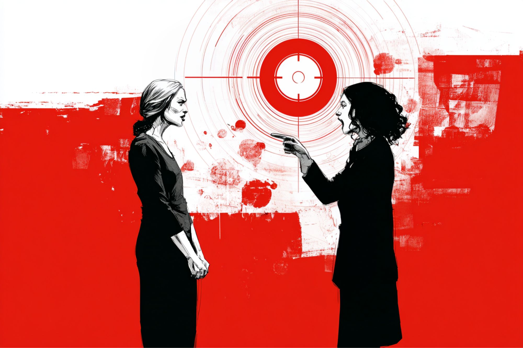 Two women are having an intense conversation in front of a red and white abstract background featuring target-like circles and paint splatters. One woman gestures passionately while the other stands with her hands clasped.