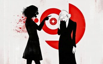 A shadowy figure angrily points at a sad woman in black, with red target symbols and splatters behind them, suggesting conflict or blame.