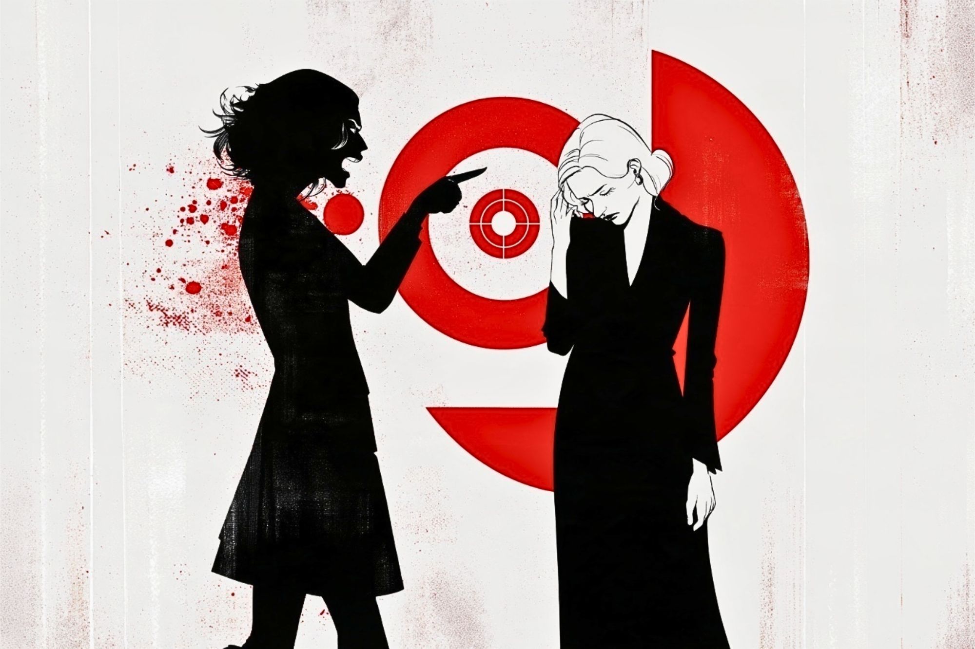 A shadowy figure angrily points at a sad woman in black, with red target symbols and splatters behind them, suggesting conflict or blame.