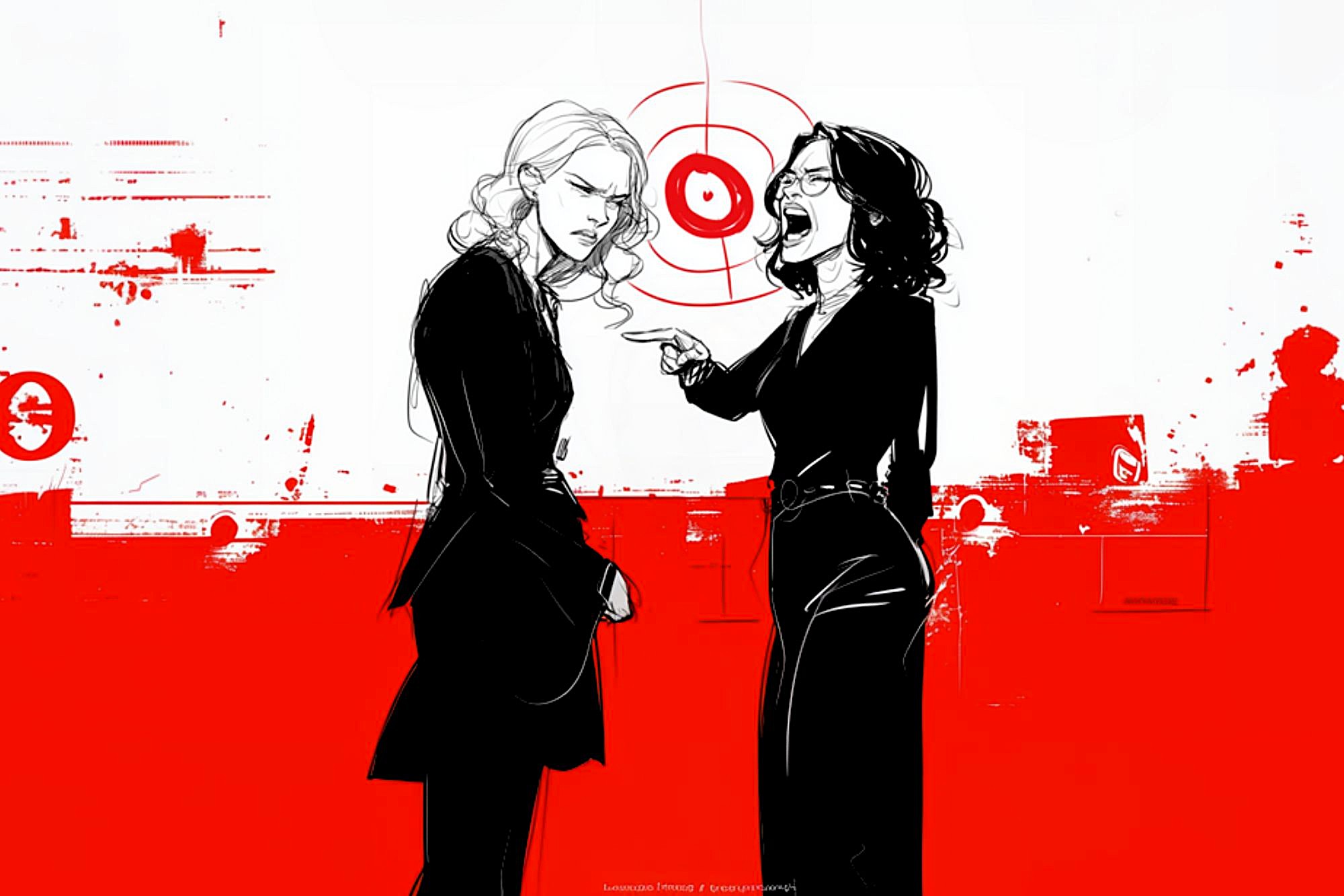 Two women in black outfits stand in front of a red and white abstract background. One woman angrily points and shouts at the other, who looks down with a sad expression. A target symbol is visible behind them.