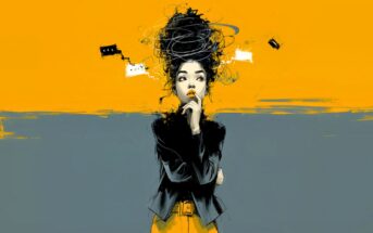 A woman with curly hair stands against a yellow and gray background, looking thoughtful. Scribbles and floating objects surround her head, suggesting confusion or contemplation.