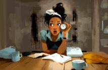 A surprised woman with a headband sits at a table with books, a cup, and a clock, appearing startled by the time as she studies or works. The scene is illustrated in a painterly, expressive style.