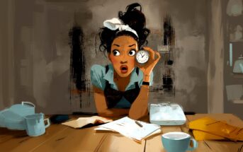 A surprised woman with a headband sits at a table with books, a cup, and a clock, appearing startled by the time as she studies or works. The scene is illustrated in a painterly, expressive style.