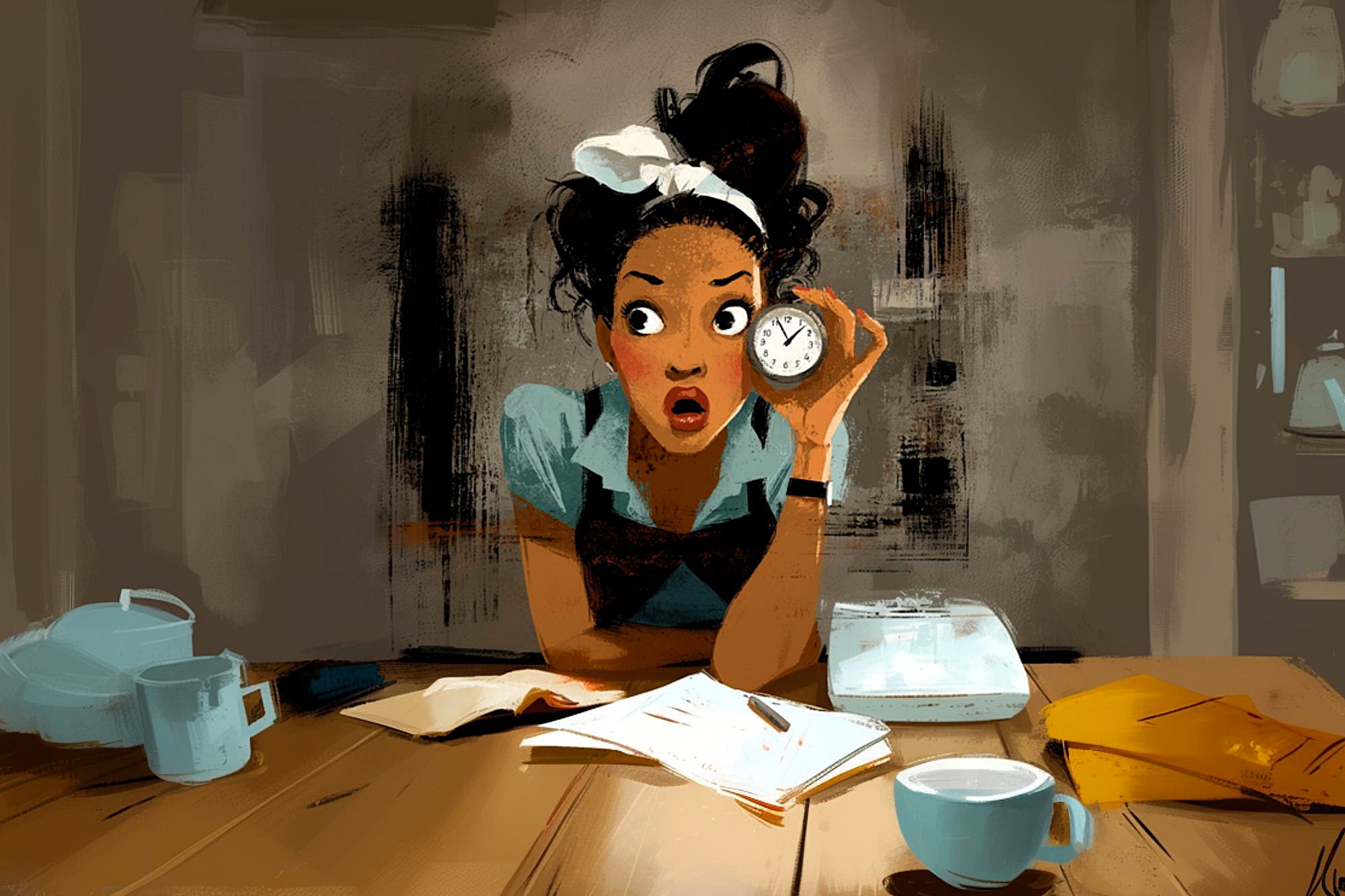A surprised woman with a headband sits at a table with books, a cup, and a clock, appearing startled by the time as she studies or works. The scene is illustrated in a painterly, expressive style.