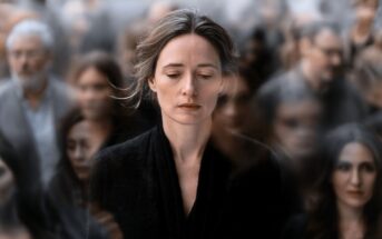 A woman with a solemn expression stands still amid a blurred, moving crowd, highlighting her isolation and introspective mood.