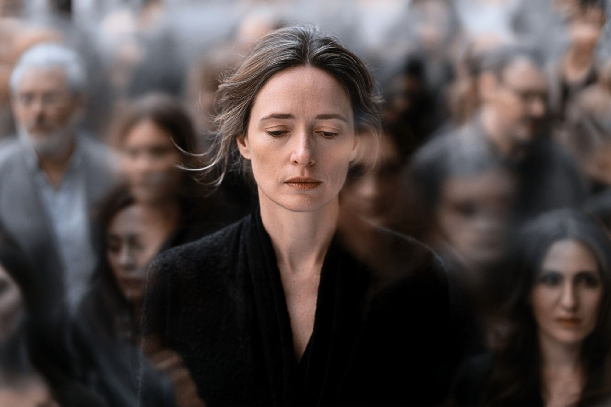 A woman with a solemn expression stands still amid a blurred, moving crowd, highlighting her isolation and introspective mood.