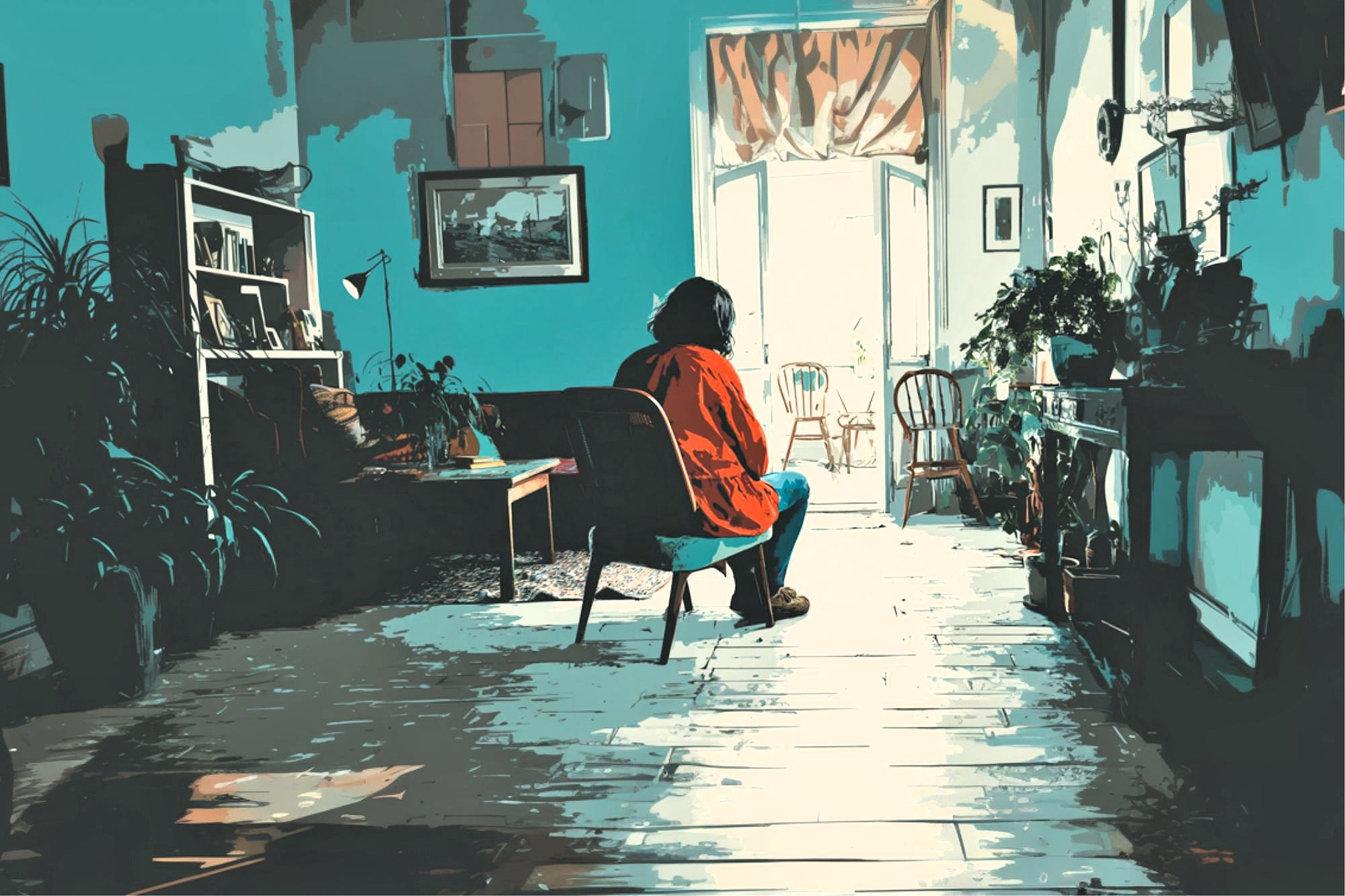 A person in a red shirt sits alone on a chair in a sunlit, plant-filled room, facing toward large open doors with natural light streaming in, casting shadows on the wooden floor.