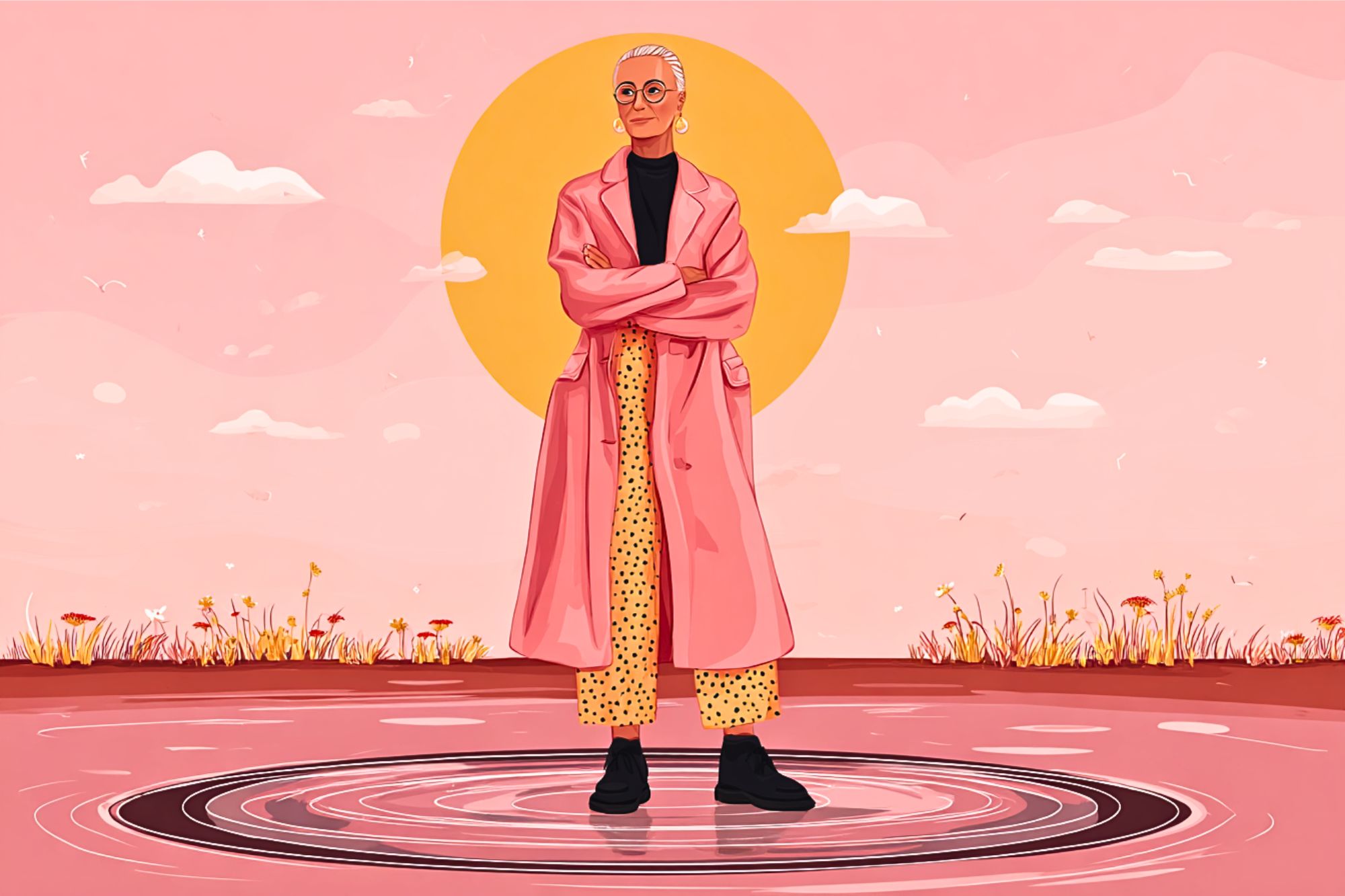 An elderly person with short hair and glasses stands confidently on a circular platform, wearing a long pink coat and yellow polka-dot pants, set against a pink landscape with a large yellow sun.