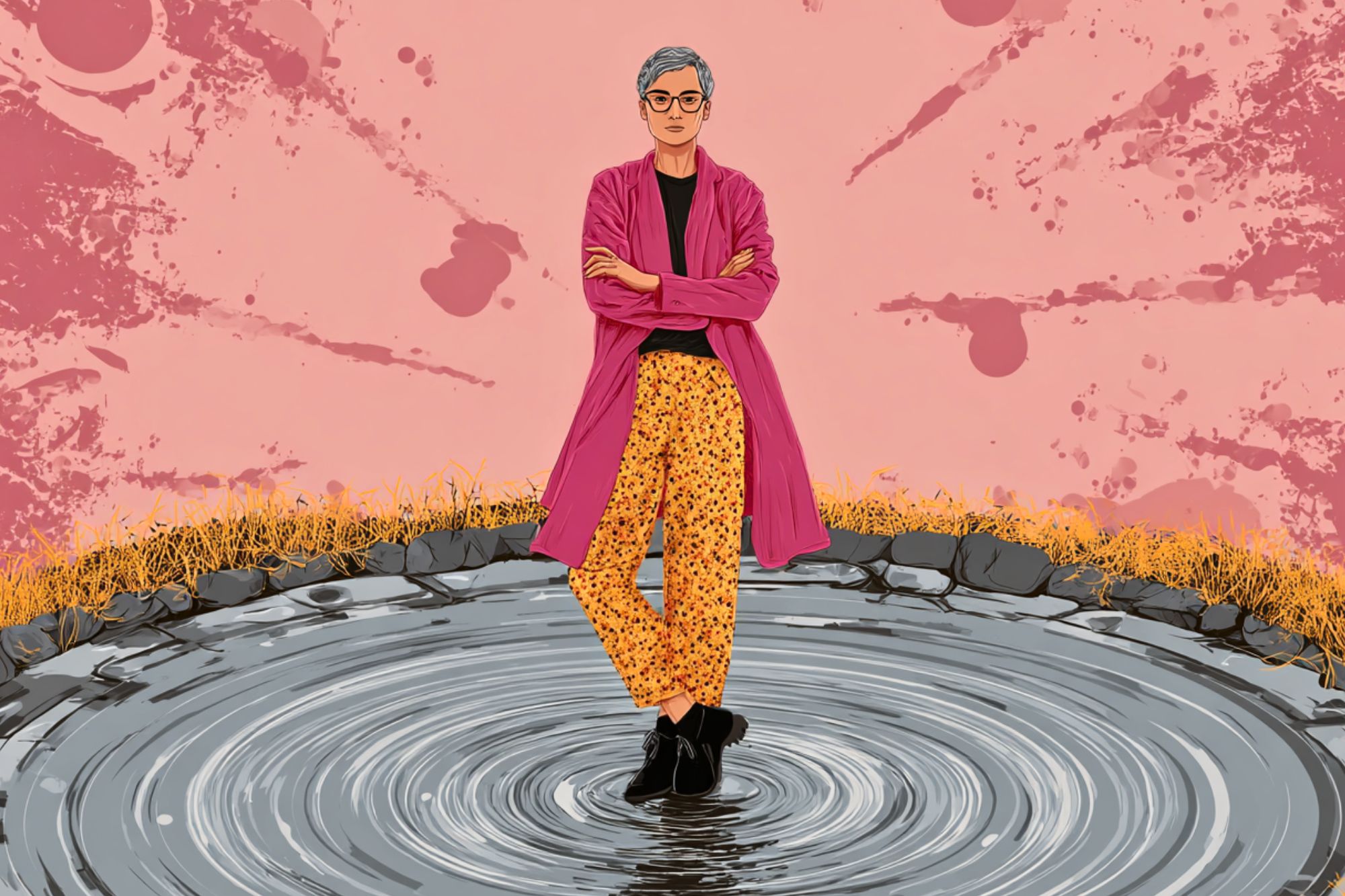 A person with short gray hair, glasses, a pink coat, and yellow patterned pants stands confidently with arms crossed in the center of a circular pool, surrounded by rocks and yellow grass, against a pink splattered background.