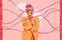 Illustration of a confident woman with glasses and a headscarf, wearing a yellow suit, standing with arms crossed in front of pink barbed wire, on a pink background.