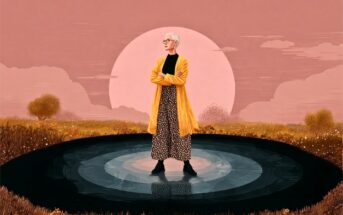 A person with short white hair, glasses, and a yellow coat stands confidently in a reflective pool, surrounded by grass under a pink sky with a large sun or moon in the background.