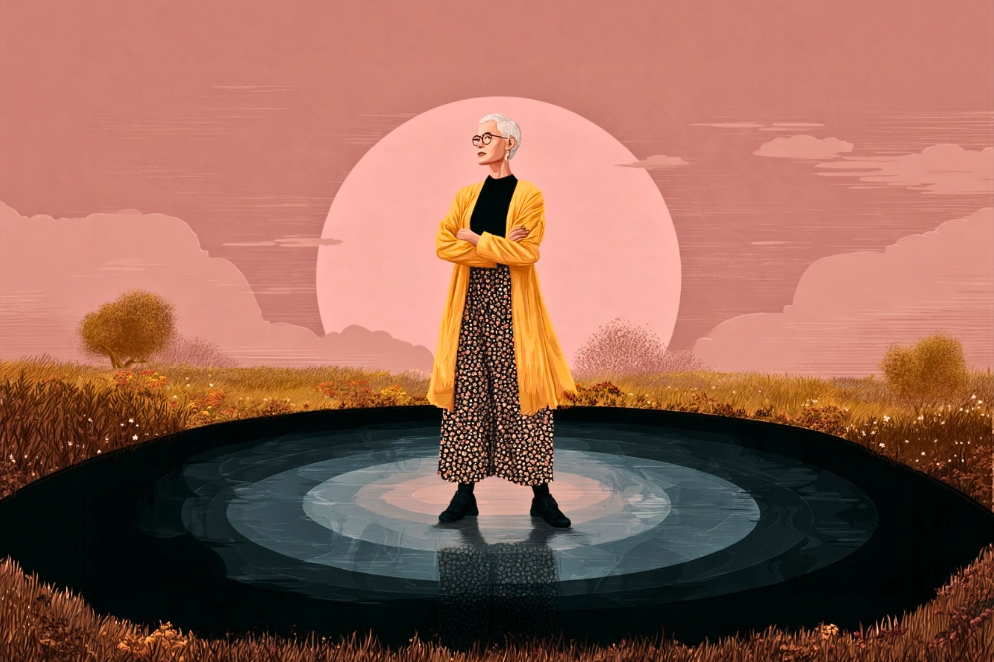 A person with short white hair, glasses, and a yellow coat stands confidently in a reflective pool, surrounded by grass under a pink sky with a large sun or moon in the background.