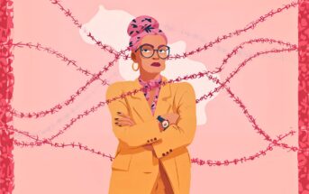 Illustration of a confident woman with glasses and a headscarf, wearing a yellow suit, standing with arms crossed in front of pink barbed wire, on a pink background.