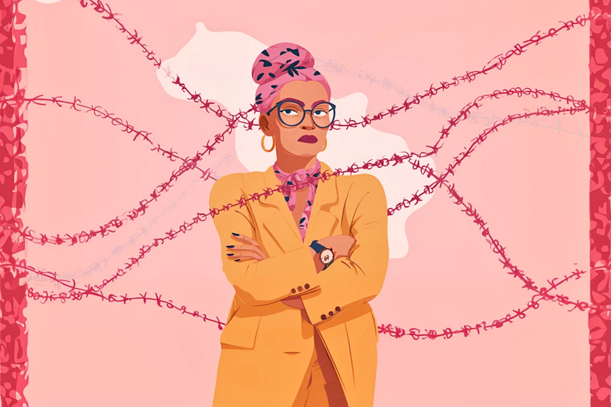 Illustration of a confident woman with glasses and a headscarf, wearing a yellow suit, standing with arms crossed in front of pink barbed wire, on a pink background.