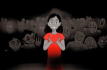 A smiling girl in a red dress holds a glowing heart, standing confidently in front of a dark crowd of shadowy, menacing faces in the background.