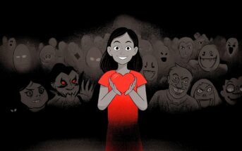A smiling girl in a red dress holds a glowing heart, standing confidently in front of a dark crowd of shadowy, menacing faces in the background.