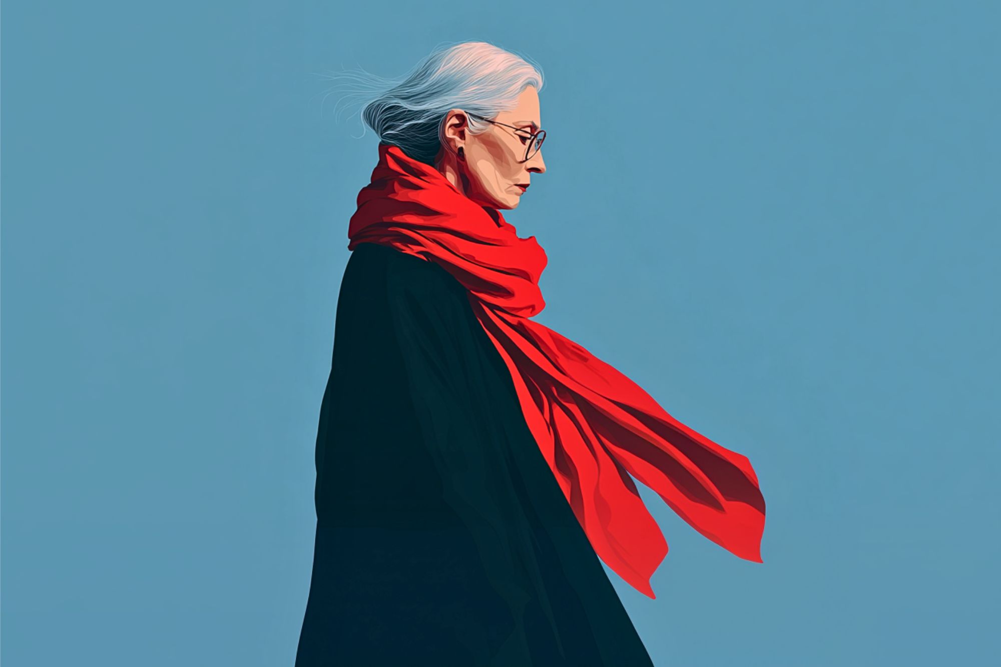 An older woman with white hair and glasses, wearing a flowing red scarf and a dark coat, stands in profile against a plain blue background. The scarf appears to be blowing in the wind.
