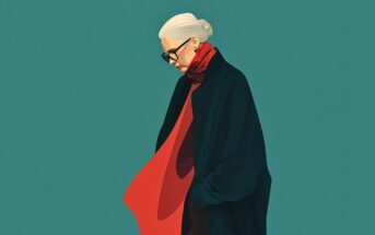 A woman with white hair in a bun, wearing glasses, a dark coat, and a flowing red scarf, stands against a teal background, looking downward with her hand in her pocket.