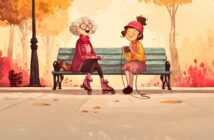 An elderly woman on roller skates and a young woman knitting sit together on a park bench surrounded by autumn trees and colorful leaves. Both are smiling and enjoying the day.