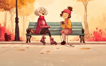 An elderly woman on roller skates and a young woman knitting sit together on a park bench surrounded by autumn trees and colorful leaves. Both are smiling and enjoying the day.