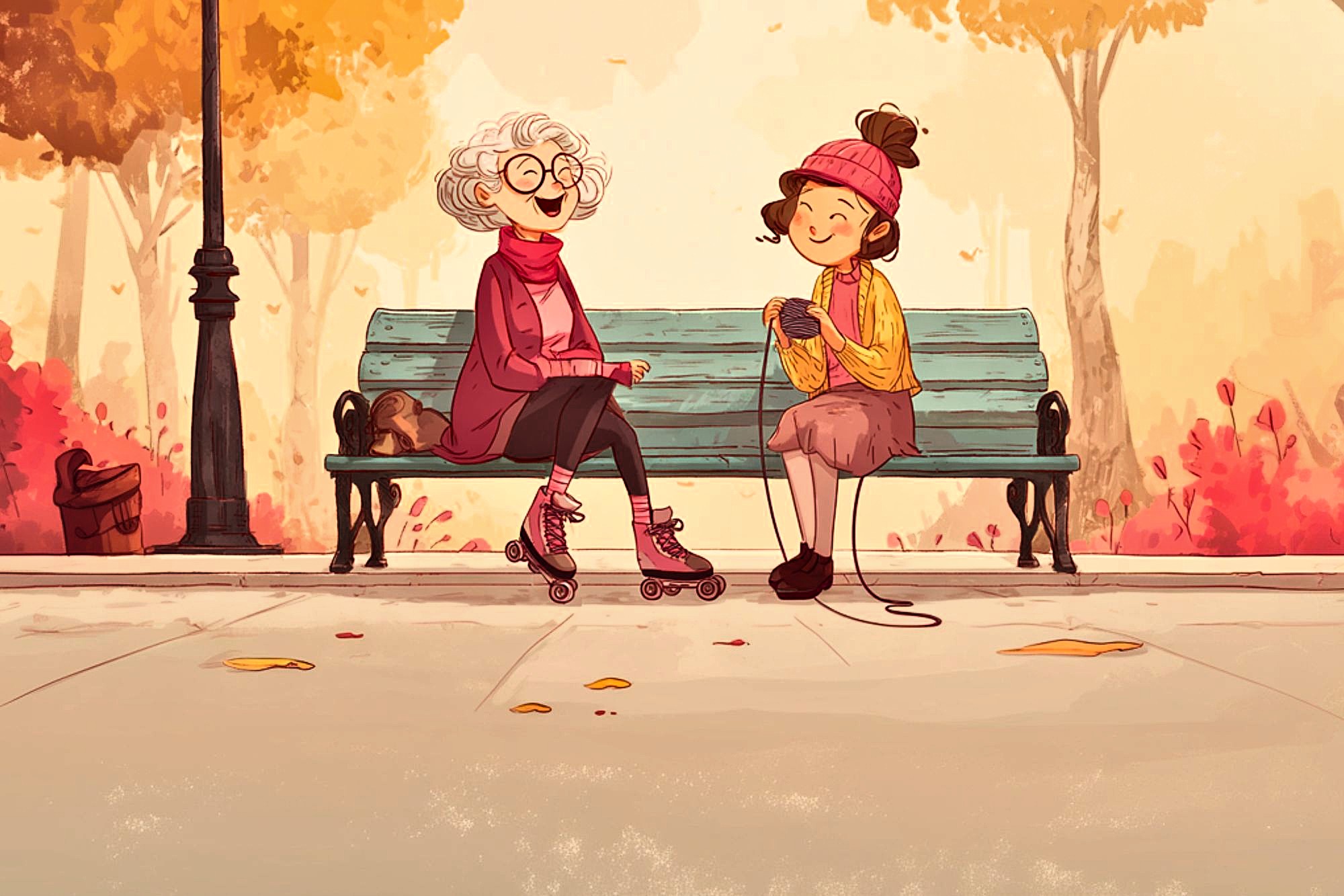 An elderly woman on roller skates and a young woman knitting sit together on a park bench surrounded by autumn trees and colorful leaves. Both are smiling and enjoying the day.