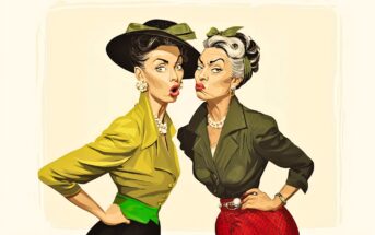 Two women dressed in vintage 1950s-style clothing and hats pose playfully, standing close with exaggerated facial expressions and lips puckered, as if gossiping or surprised.