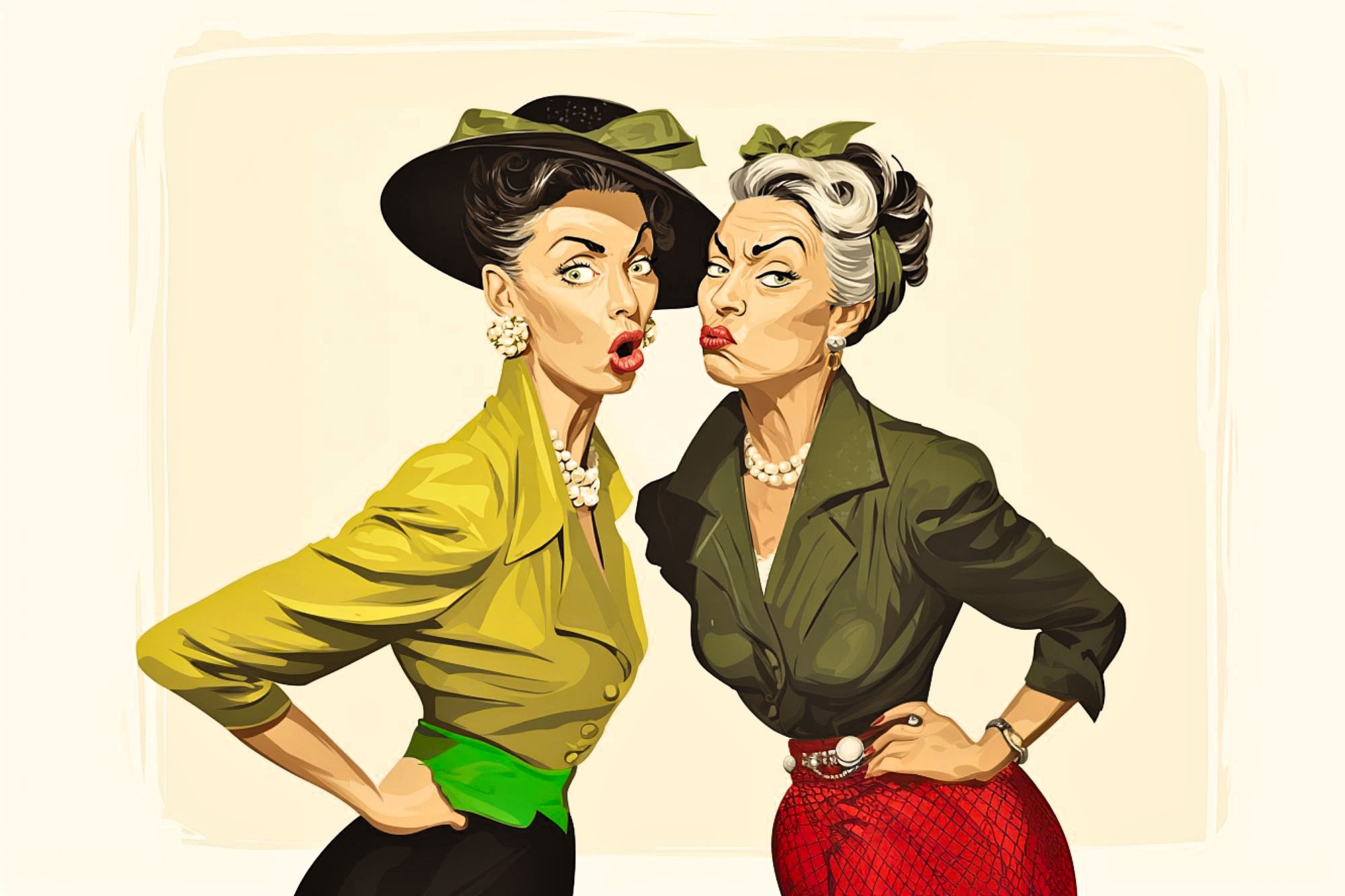 Two women dressed in vintage 1950s-style clothing and hats pose playfully, standing close with exaggerated facial expressions and lips puckered, as if gossiping or surprised.