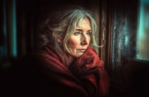 An older woman with gray hair and blue eyes, wrapped in a red shawl, gazes thoughtfully out of a window. Soft light illuminates her face, highlighting her contemplative expression.