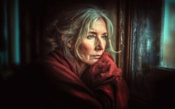 An older woman with gray hair and blue eyes, wrapped in a red shawl, gazes thoughtfully out of a window. Soft light illuminates her face, highlighting her contemplative expression.