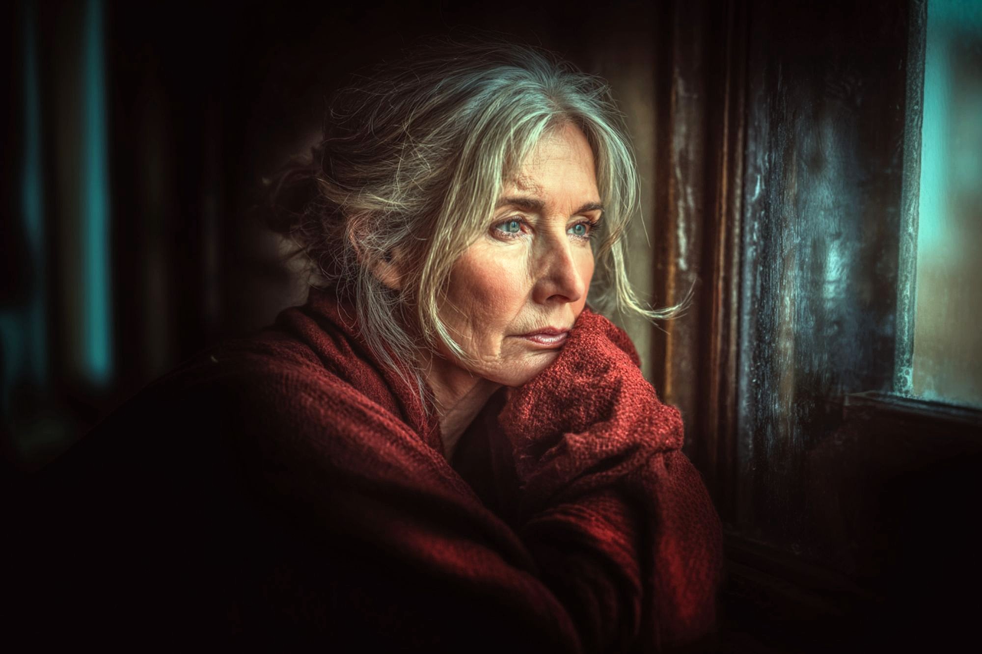 An older woman with gray hair and blue eyes, wrapped in a red shawl, gazes thoughtfully out of a window. Soft light illuminates her face, highlighting her contemplative expression.