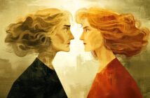 Two women with similar facial features, one with gray hair and one with red hair, face each other closely in profile against a textured, golden background, suggesting tension or confrontation.