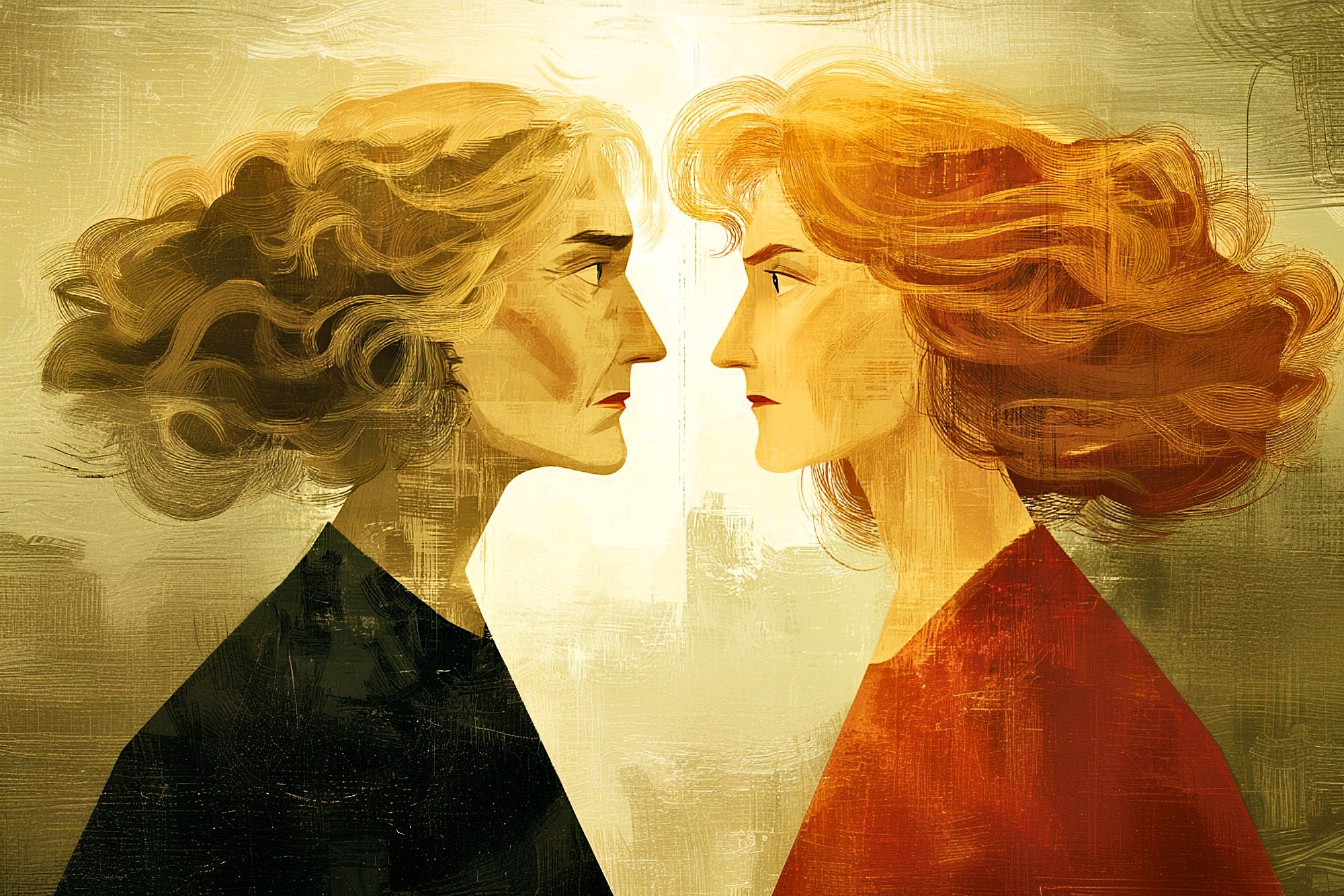 Two women with similar facial features, one with gray hair and one with red hair, face each other closely in profile against a textured, golden background, suggesting tension or confrontation.