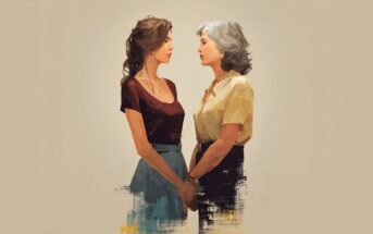 A digital painting of two women, one younger with brown hair and the other older with gray hair, standing face to face and holding hands against a neutral background.