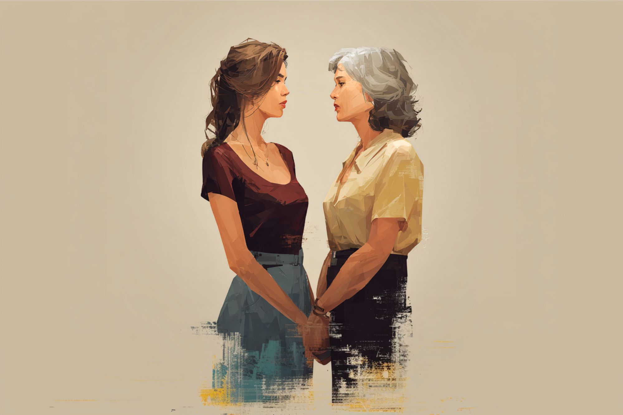 A digital painting of two women, one younger with brown hair and the other older with gray hair, standing face to face and holding hands against a neutral background.