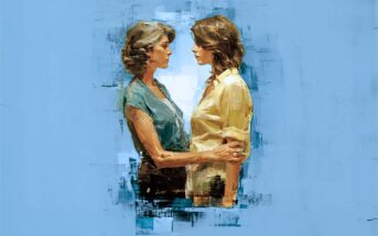Two women stand face-to-face against a blue background, looking at each other closely. One gently holds the other’s arms. The image has a painterly, artistic effect with soft brush strokes.