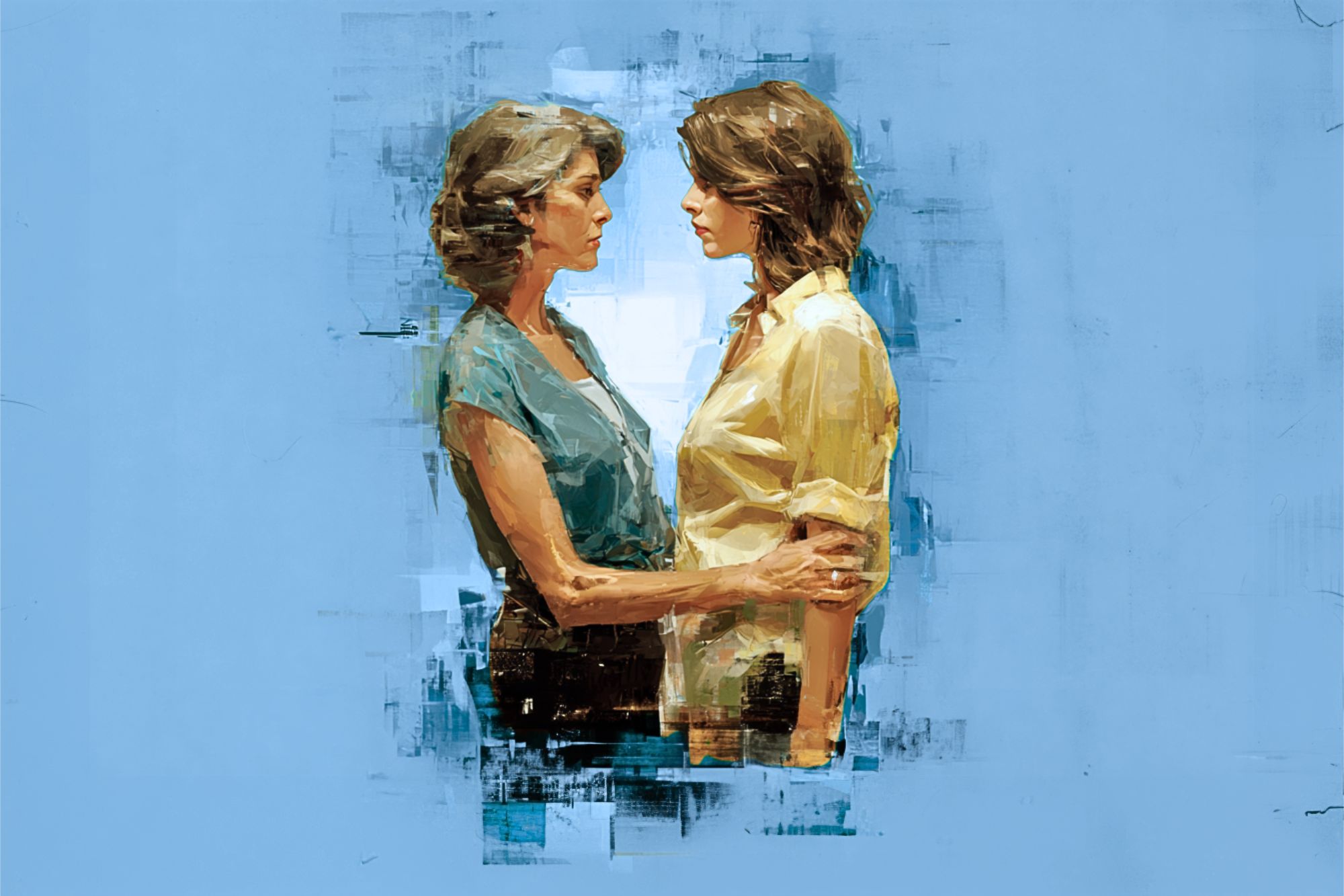 Two women stand face-to-face against a blue background, looking at each other closely. One gently holds the other’s arms. The image has a painterly, artistic effect with soft brush strokes.