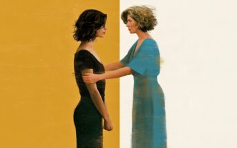 A woman in a black dress stands facing a woman in a blue dress, with the woman in blue reaching out to touch the other’s waist against a split yellow and white background.