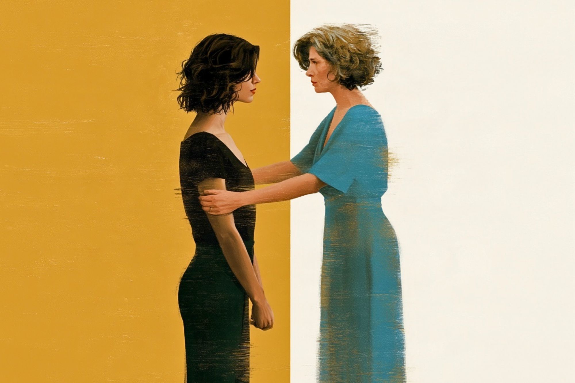 A woman in a black dress stands facing a woman in a blue dress, with the woman in blue reaching out to touch the other’s waist against a split yellow and white background.