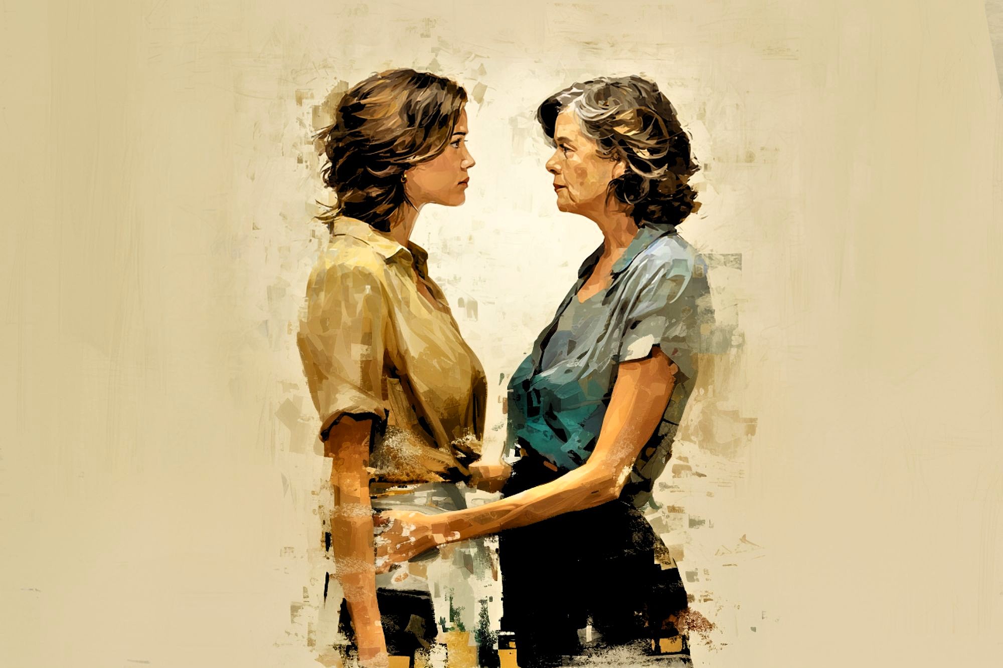 A digital painting of two women standing close, facing each other with serious expressions. One has short, dark hair and wears a blue shirt; the other has longer hair and wears a beige shirt. The background is abstract and neutral.