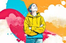 A colorful digital illustration of a smiling person in a yellow hoodie with arms crossed, standing confidently against a vibrant, abstract background of orange, blue, pink, and white shapes and splashes.