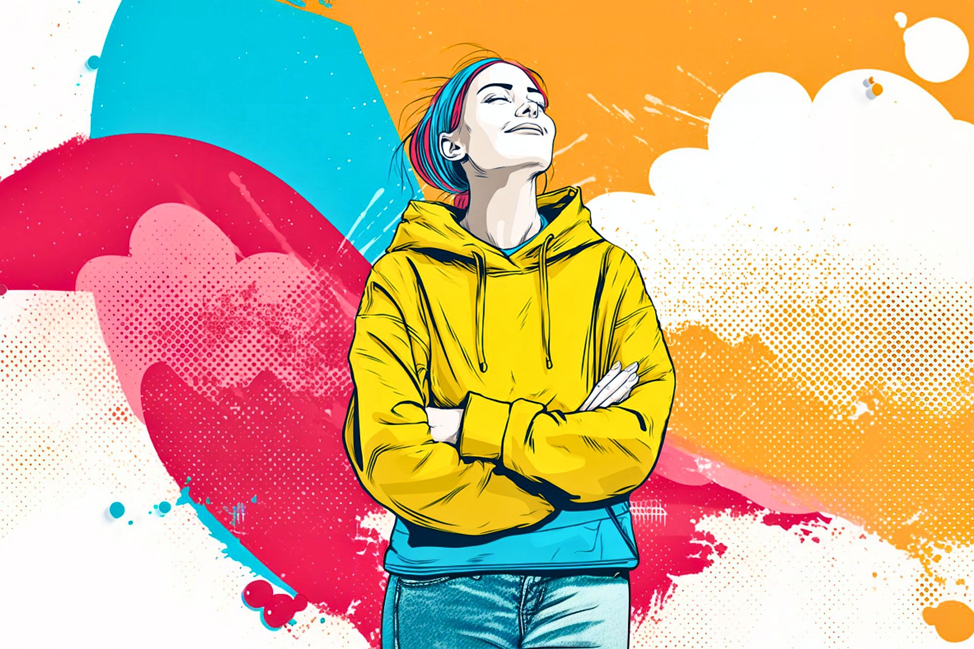 A colorful digital illustration of a smiling person in a yellow hoodie with arms crossed, standing confidently against a vibrant, abstract background of orange, blue, pink, and white shapes and splashes.